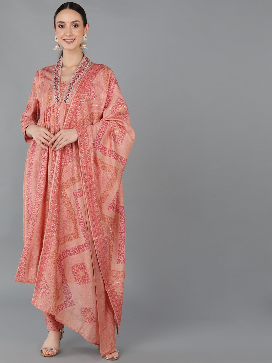 

AHIKA Women Floral Printed Empire Mirror Work Kurta With Trousers & Dupatta, Peach
