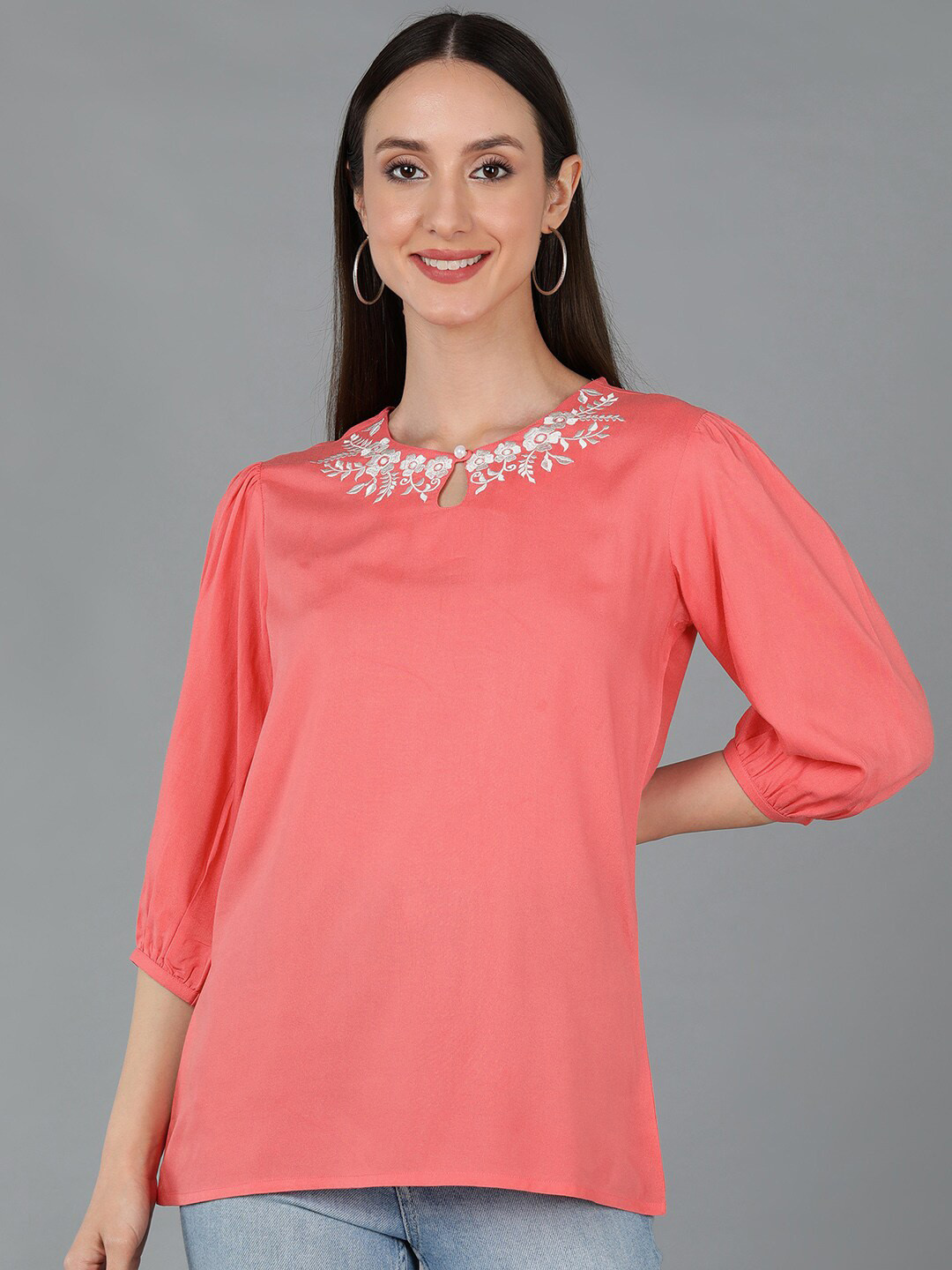 

AHIKA Keyhole Neck Puff Sleeves Regular Top, Peach
