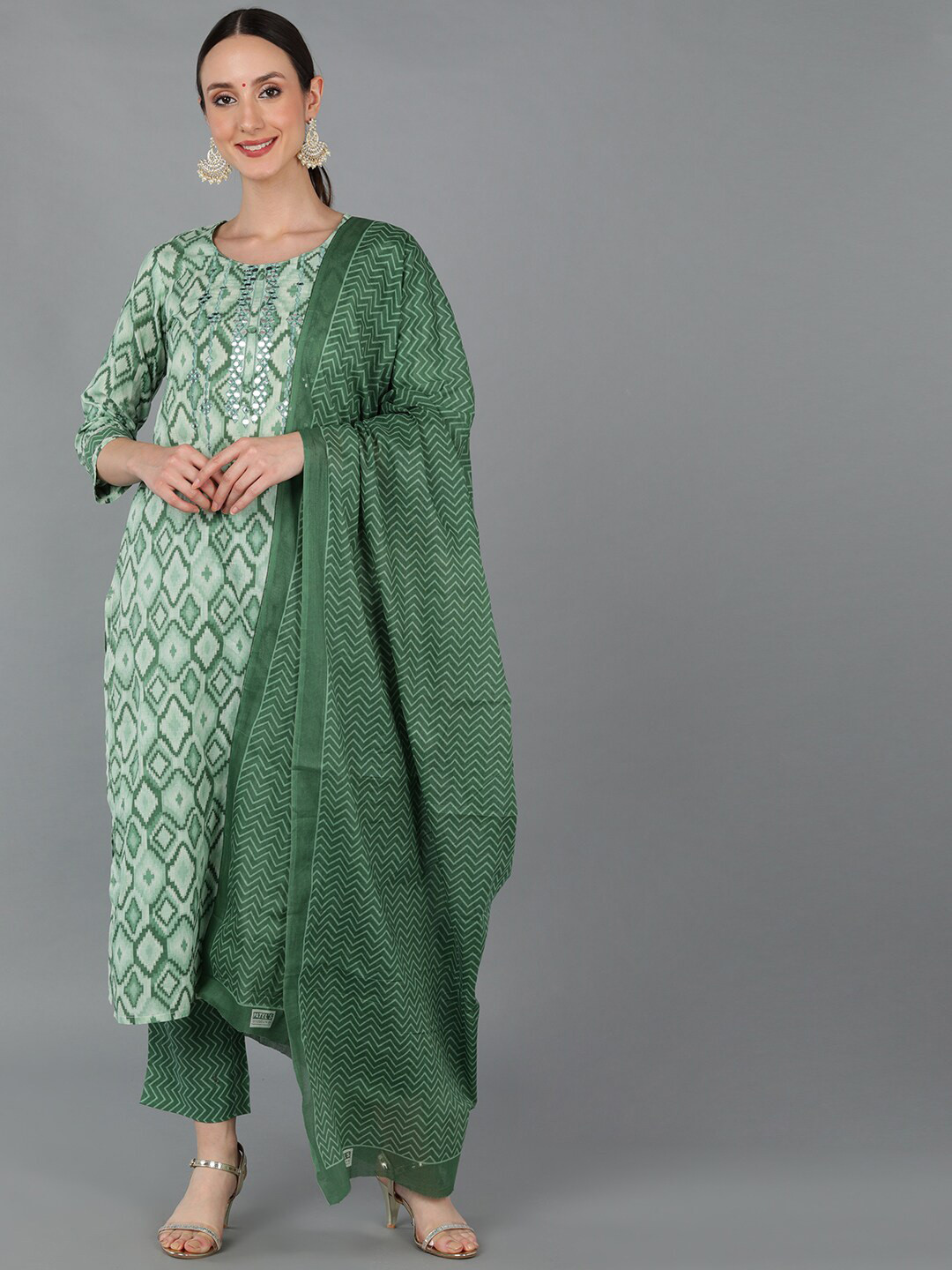 

AHIKA Women Printed Mirror Work Pure Cotton Kurta With Trousers & Dupatta, Green