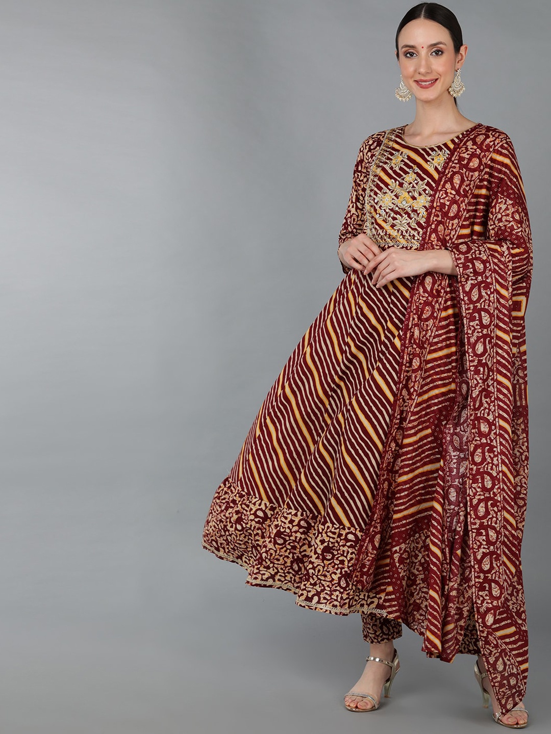 

AHIKA Women Striped Panelled Mirror Work Pure Cotton Kurta With Trousers & Dupatta, Maroon