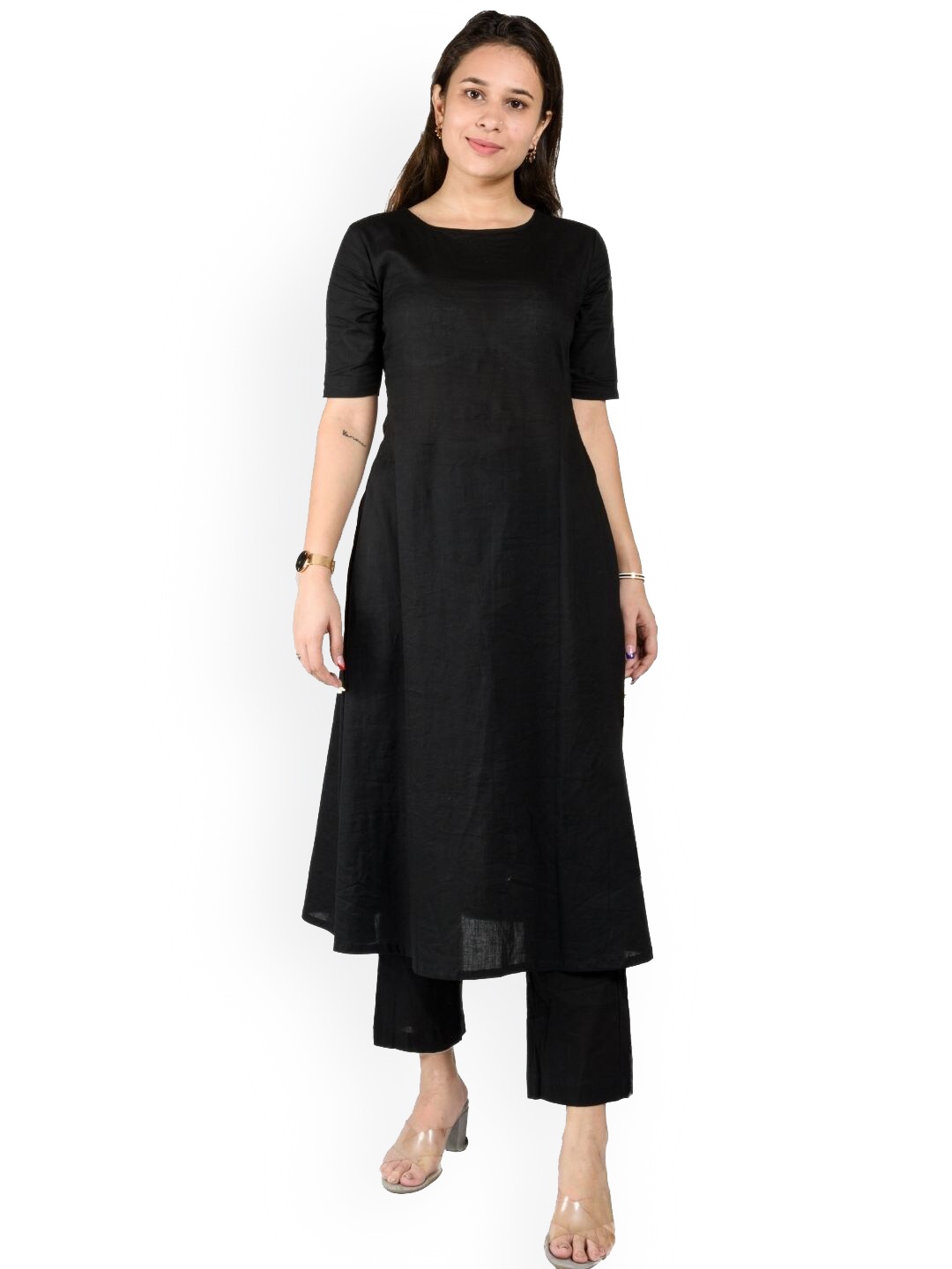 

HOUSE OF JAMOTI Women Round Neck Kurta with Trousers, Black