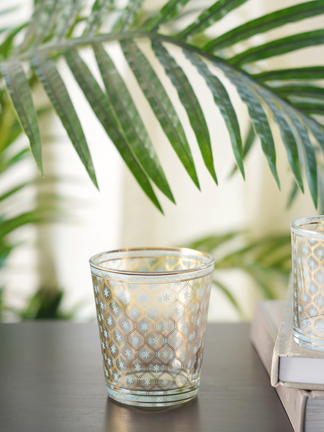 

Pure Home and Living 4 Pcs Blue Printed Glass Tumbler, Transparent