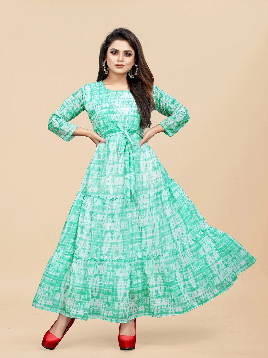 

APNISHA Georgette Printed Maxi Dress, Turquoise blue