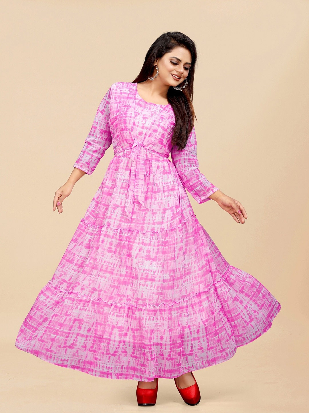 

APNISHA Round Neck Fit And Flare Gown, Pink