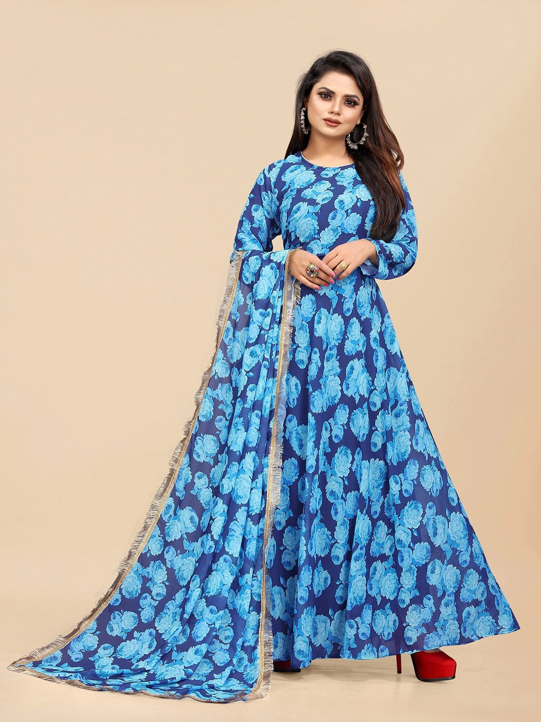 

APNISHA Women Floral Printed Georgette Anarkali Kurta With Dupatta, Blue