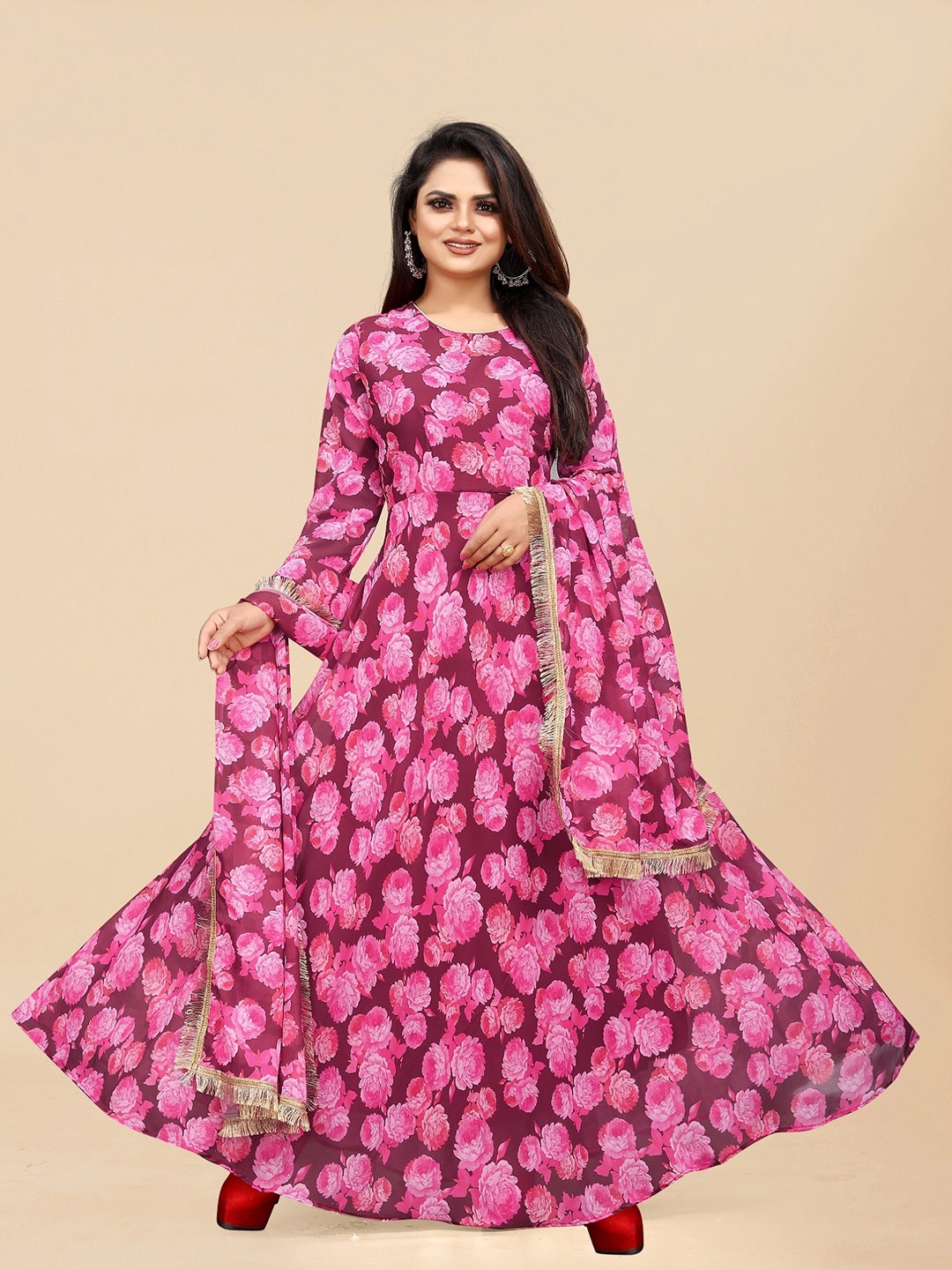 

APNISHA Printed Round Neck Fit And Flare Gown, Maroon