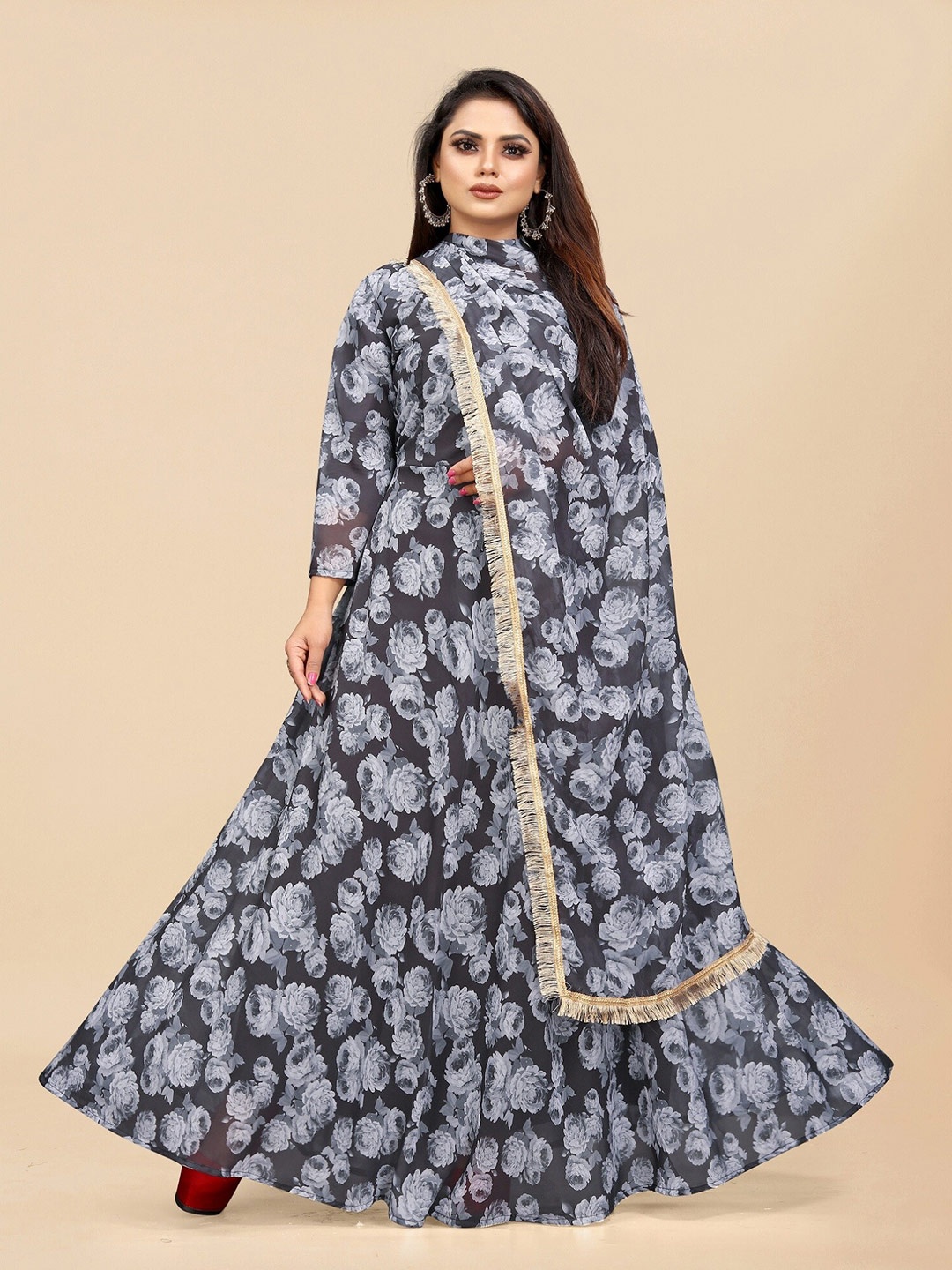 

APNISHA Floral Georgette Maxi Dress, Black