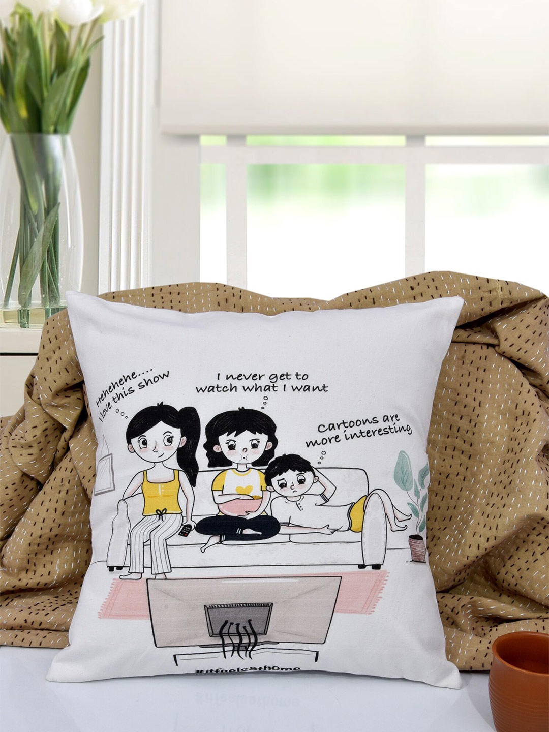 

EverHOME White & Yellow Graphic Printed Cotton Square Cushion Cover