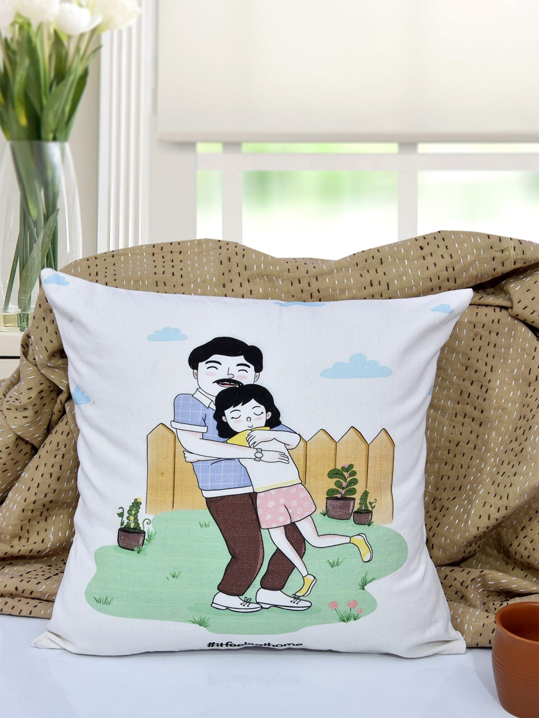 

EverHOME White & Green Graphic Printed Cotton Square Cushion Cover