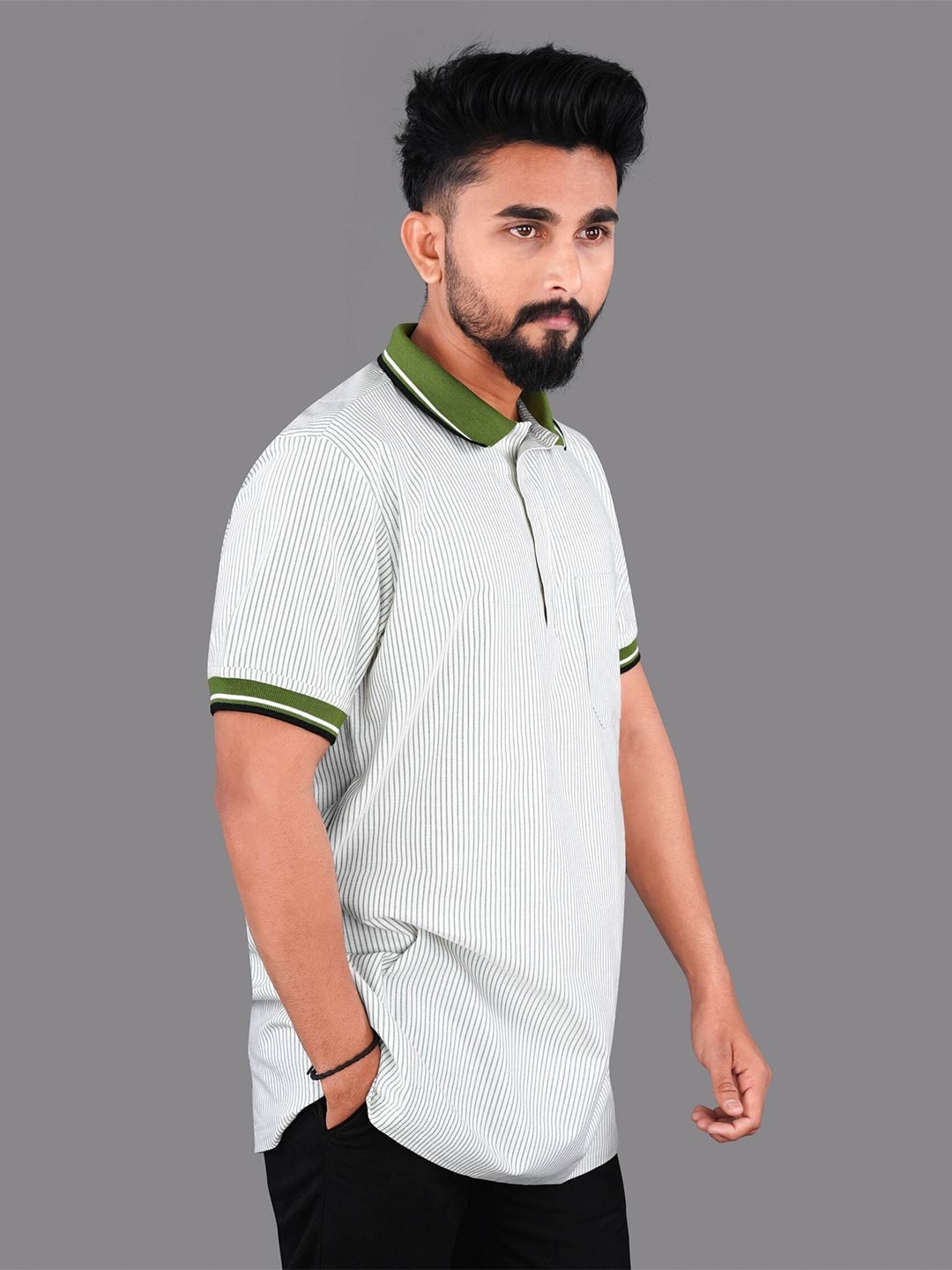 

FRENCH CROWN Men Striped Polo Collar Cotton T-shirt, White