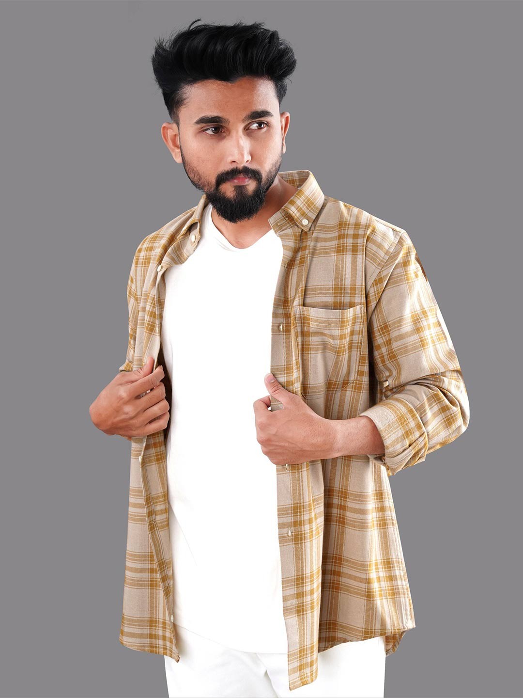 

FRENCH CROWN Men Standard Tartan Checked Cotton Casual Shirt, Beige