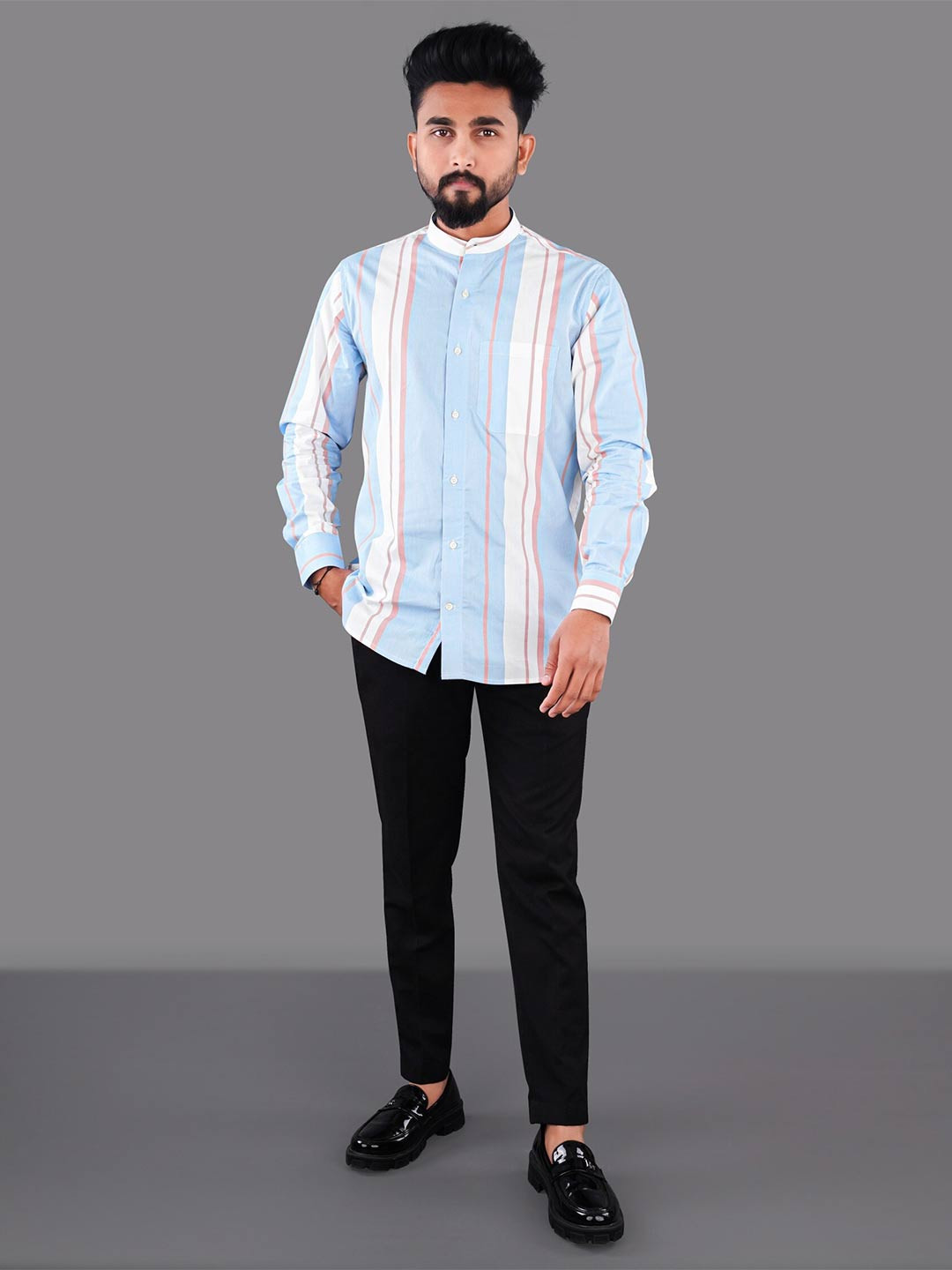 

FRENCH CROWN Men Striped Cotton Casual Shirt, White