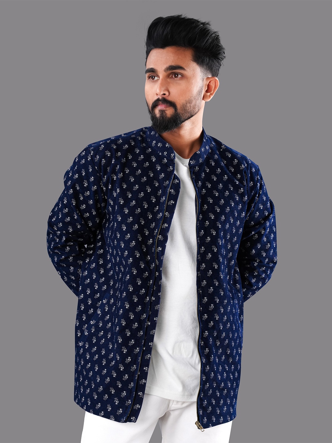 

FRENCH CROWN Men Floral Printed Cotton Bomber Jacket, Blue