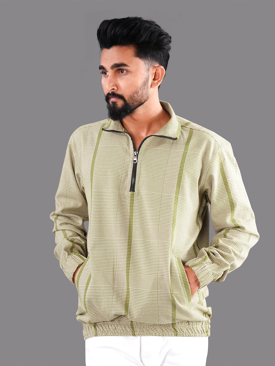 

FRENCH CROWN Men self Design Cotton Sweatshirt, Green