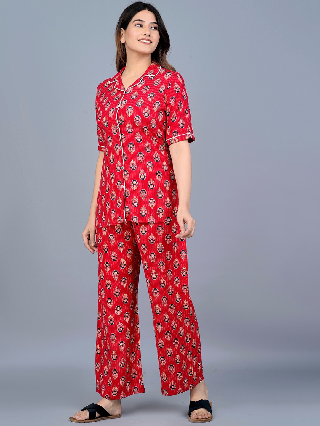 

KALINI Women 2 Pieces Printed Night Suit, Maroon