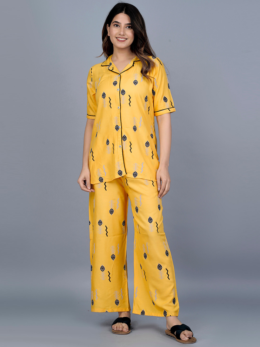 

KALINI Women 2 Pieces Printed Night Suit, Yellow
