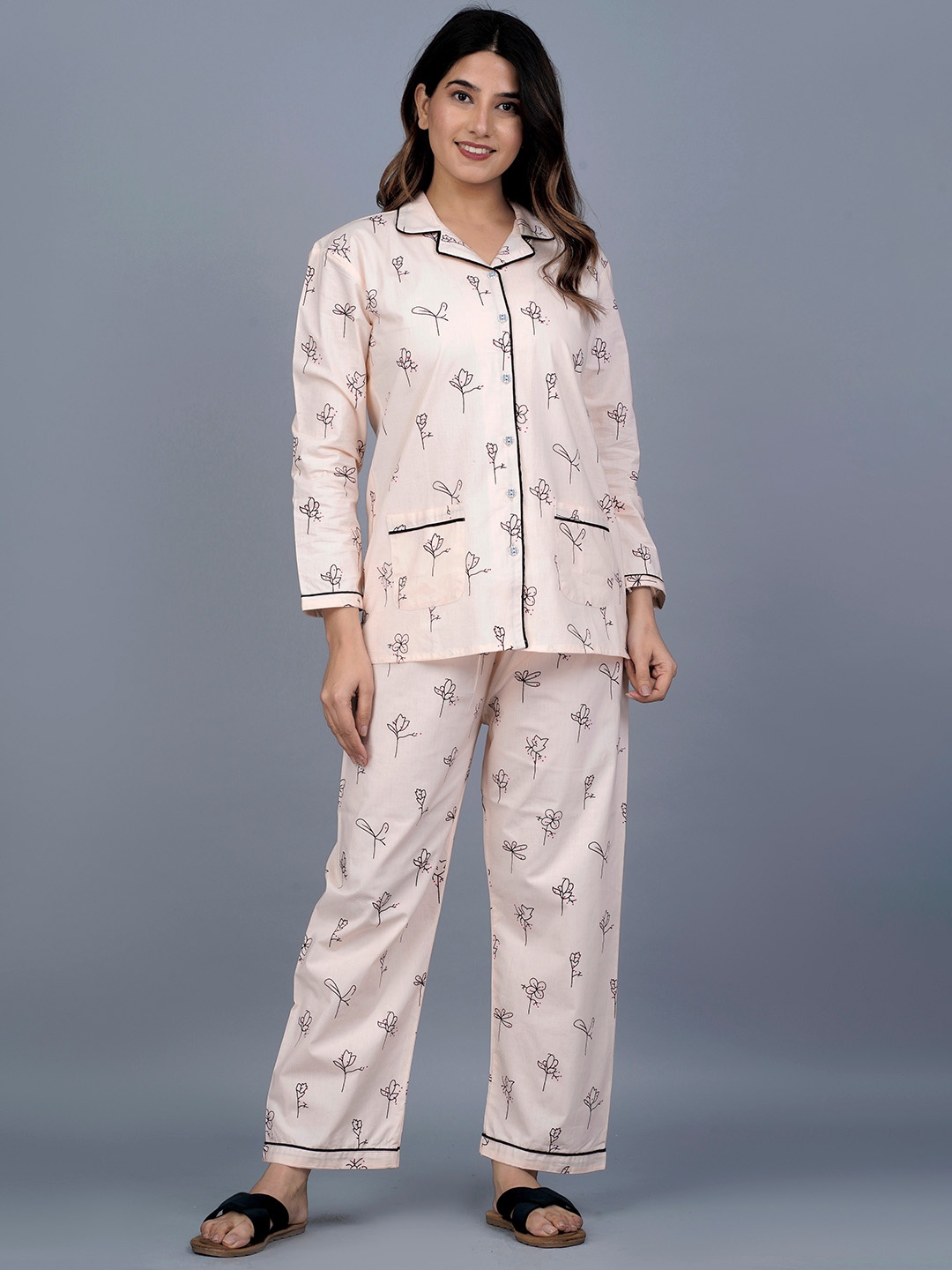 

KALINI Women 2 Pieces Printed Pure Cotton Night Suit, Pink