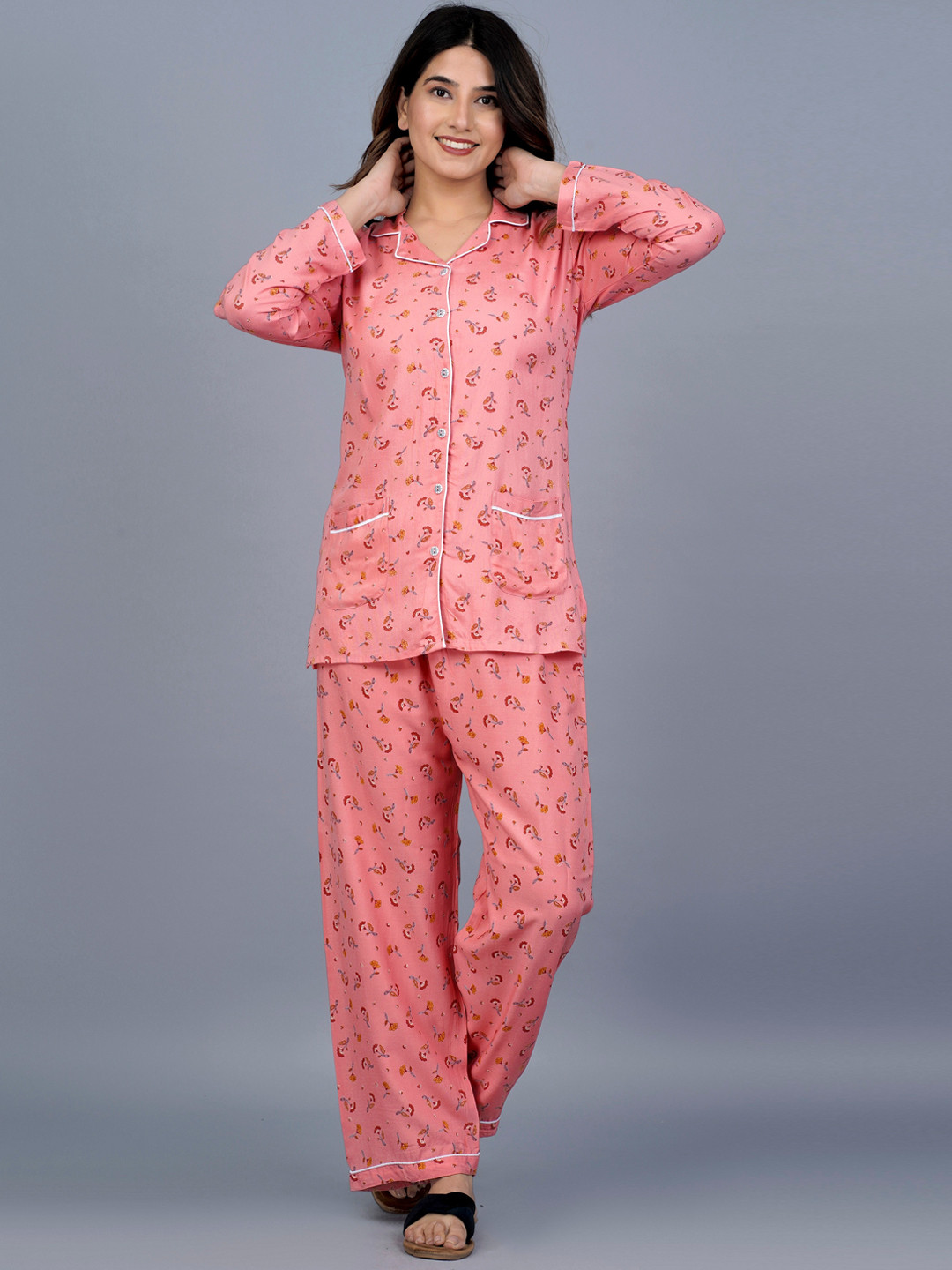 

KALINI Women 2 Pieces Printed Night Suit, Pink