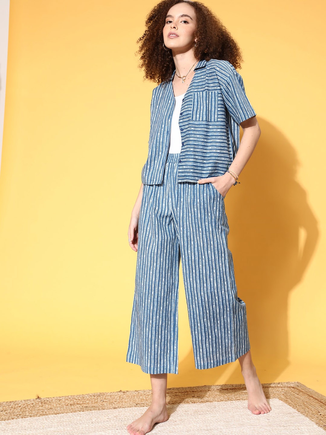 

Katn India Women 2 Pieces Striped Pure Cotton Night suit, Navy blue