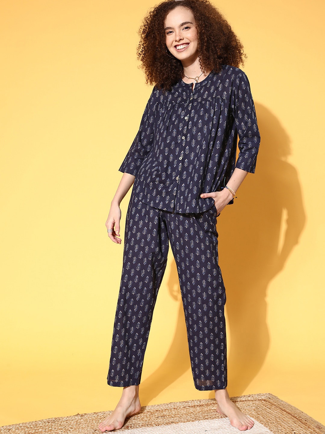

Katn India Women 2 Pieces Printed Pure Cotton Night suit, Navy blue