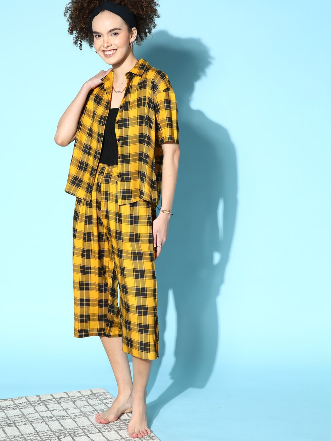 

Katn India Women 2 Pieces Checked Night suit, Mustard