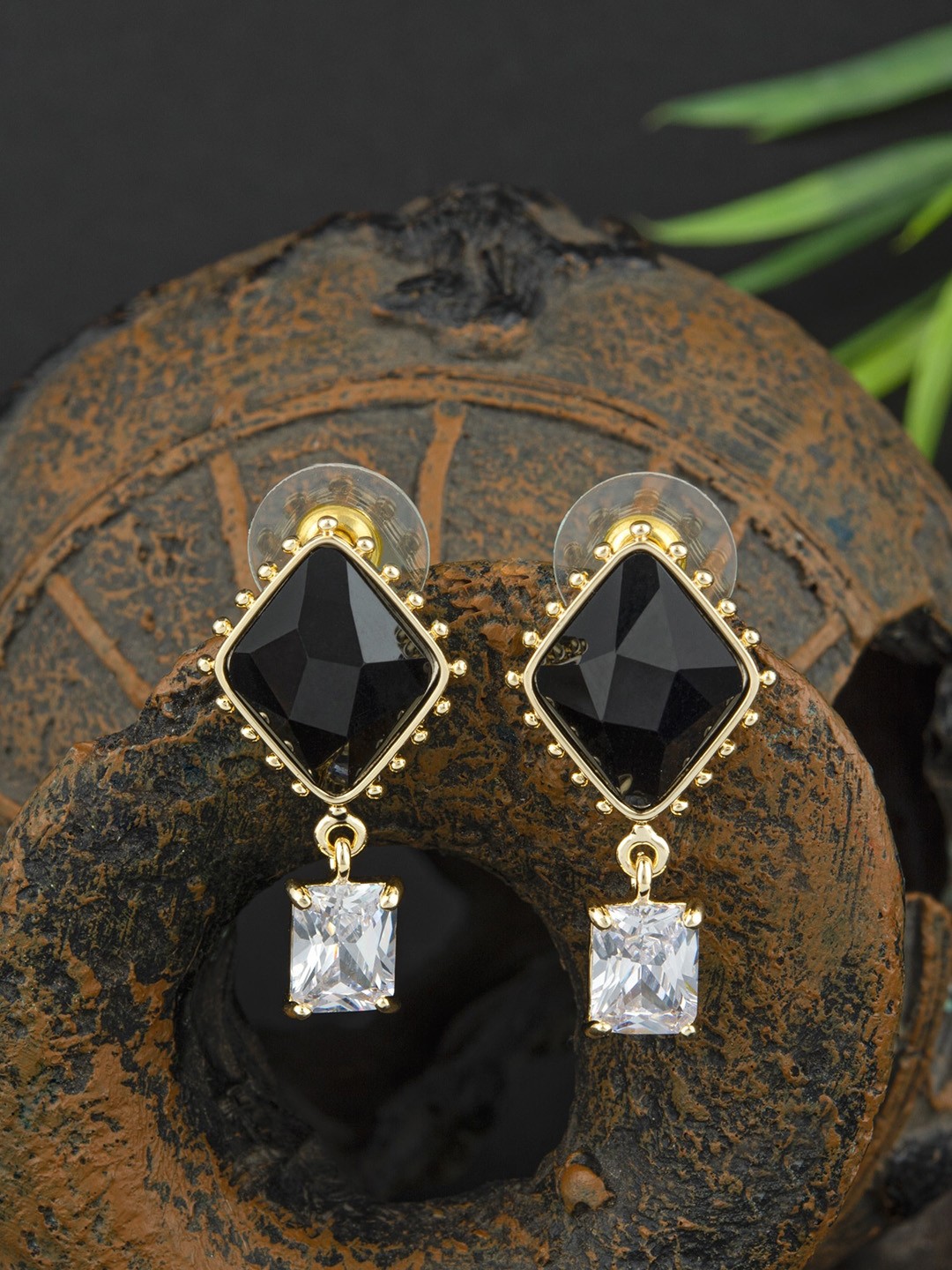 

E2O Gold-Plated Diamond Shaped Drop Earrings, Black