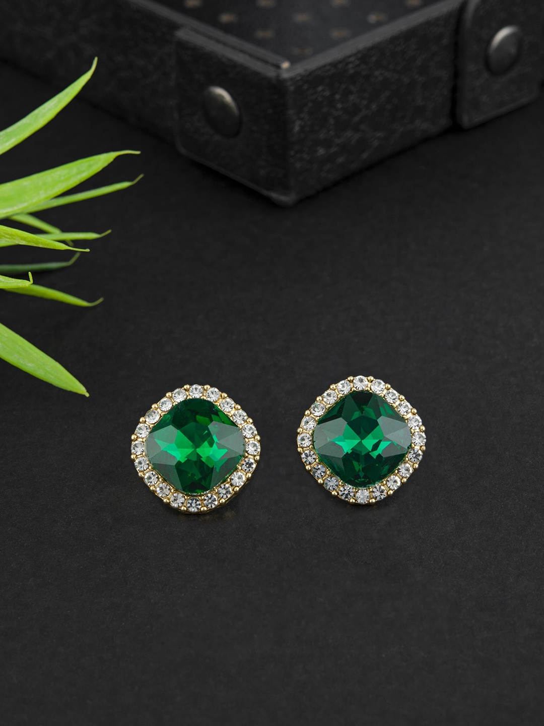 

E2O Stone Contemporary Studs Brass Earrings, Green