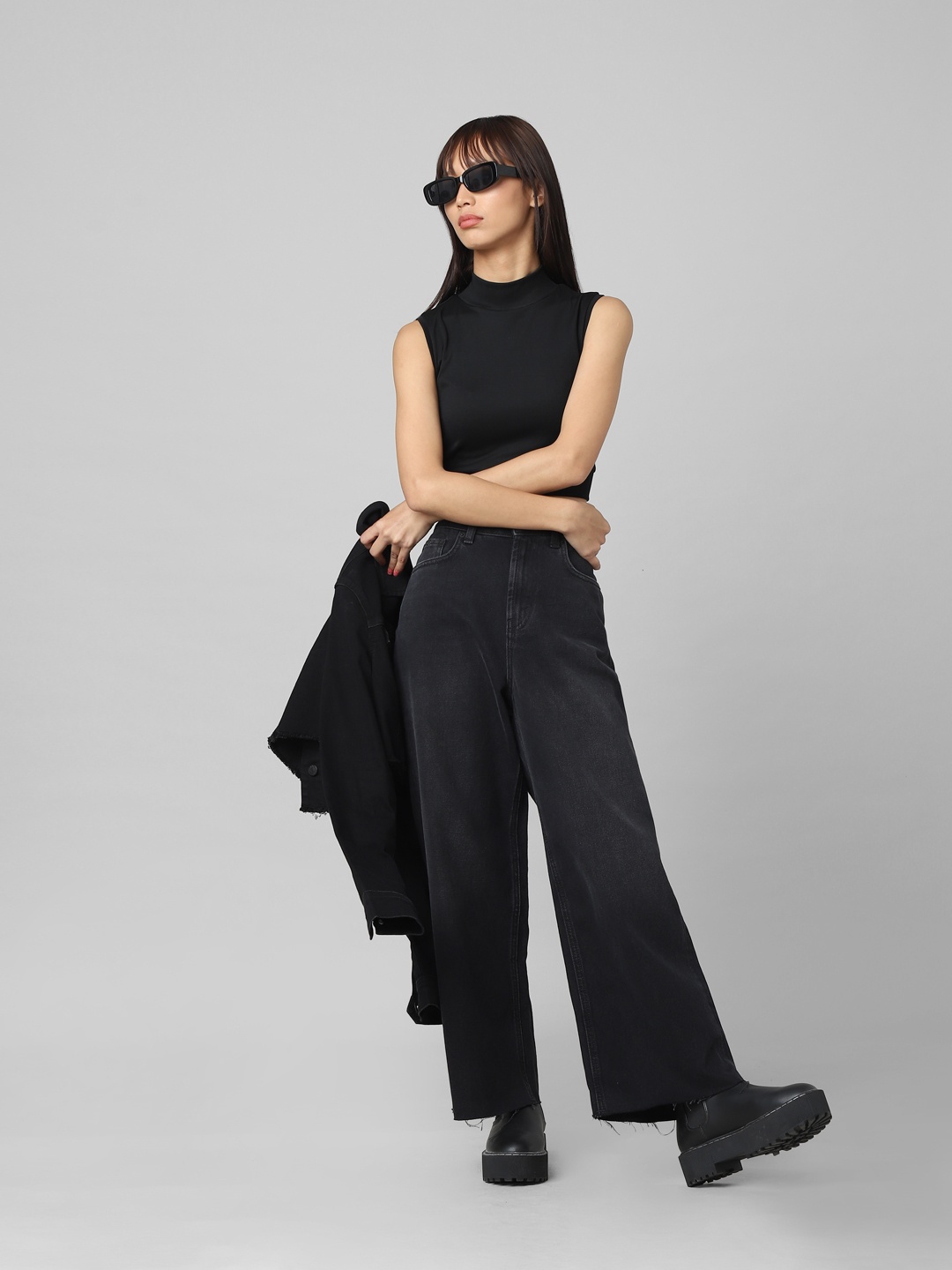 

ONLY Women Wide Leg High-Rise Stretchable Cotton Jeans, Black
