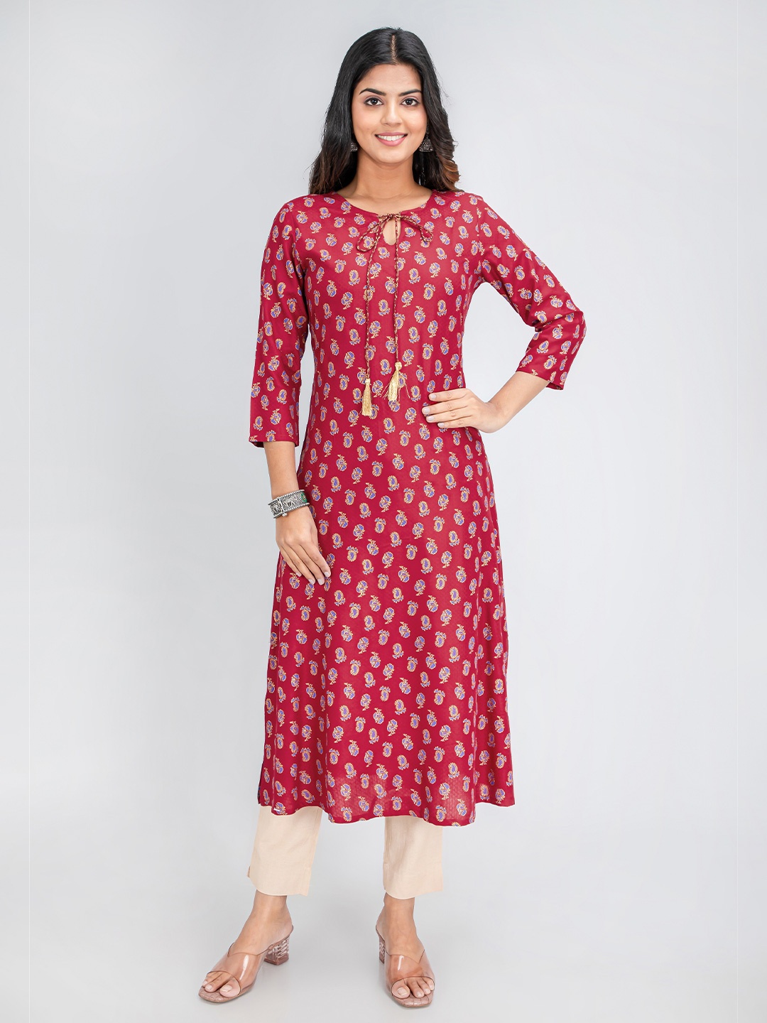 

fabGLOBAL Women Paisley Printed A-Line Kurta, Red