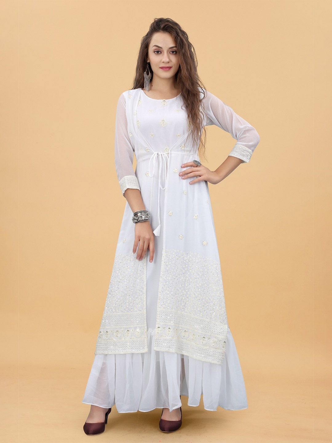 

APNISHA Floral Embroidered Maxi Dress, White