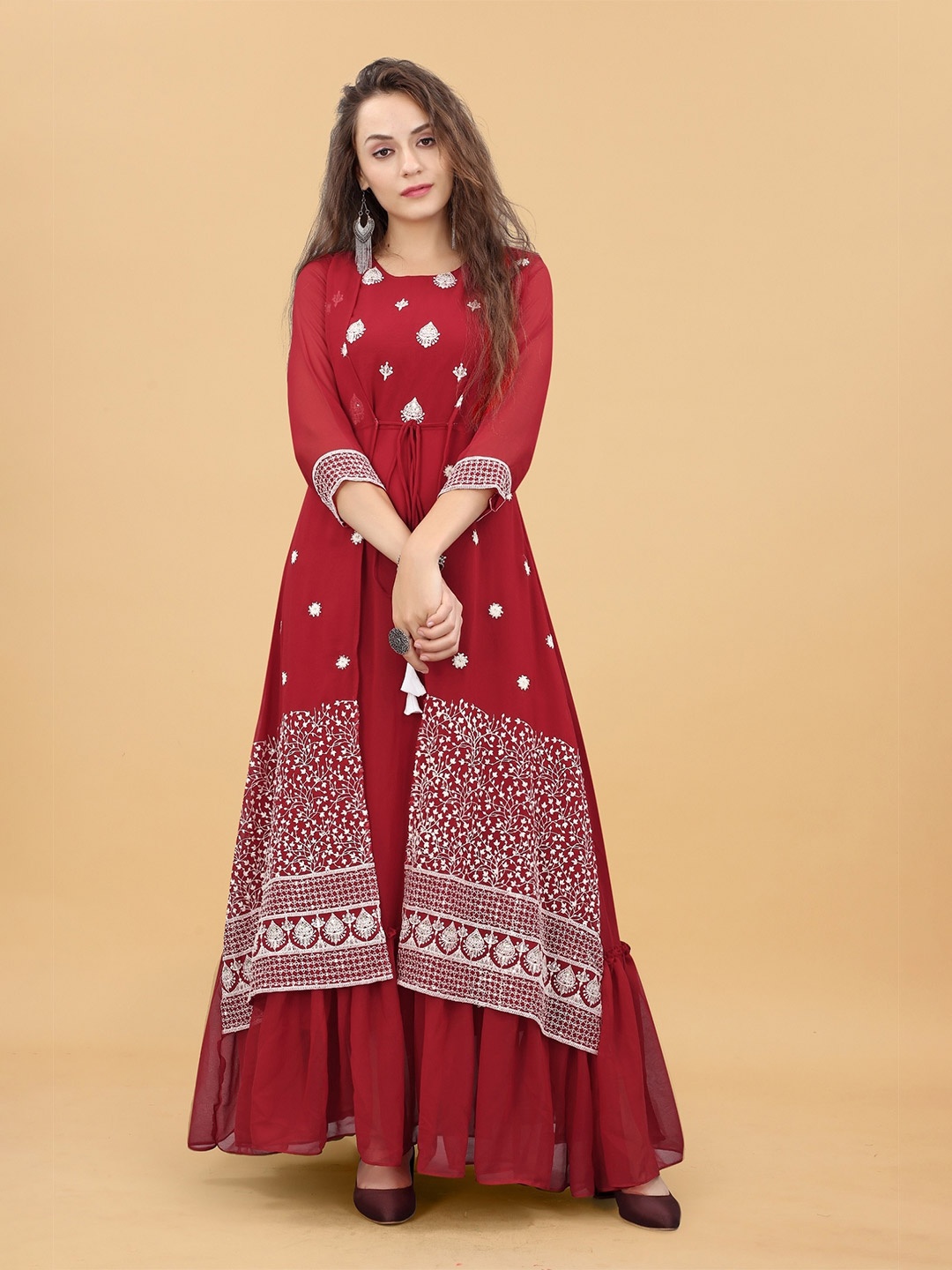 

APNISHA Ethnic Motifs Embroidered Maxi Dress, Red