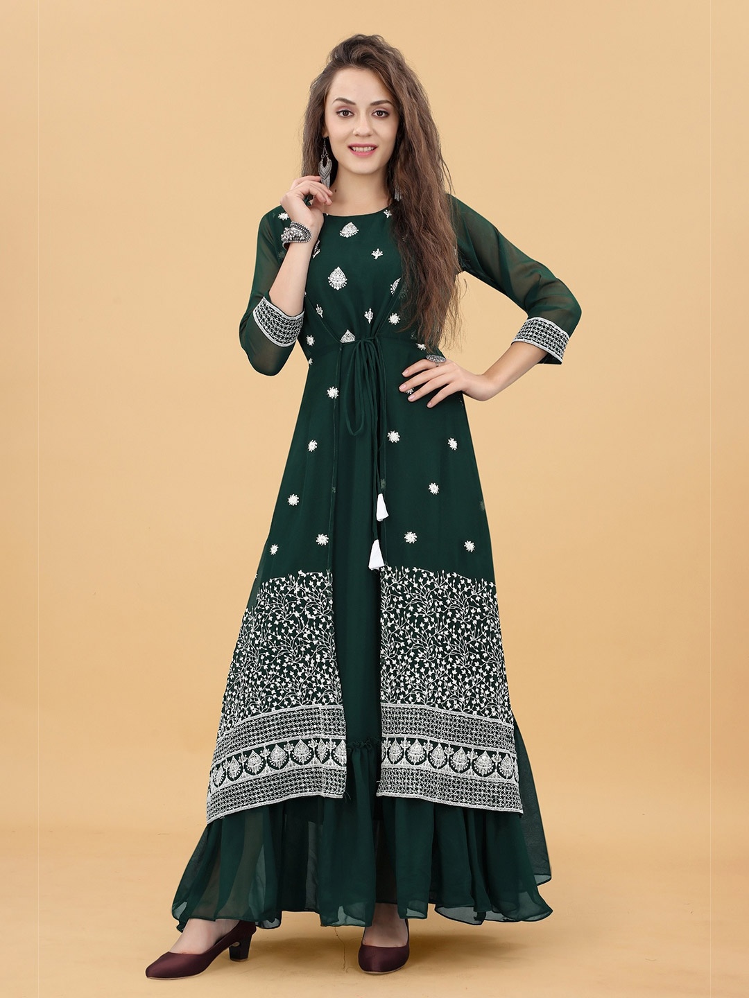 

APNISHA Ethnic Motifs Embroidered Georgette Maxi Dress, Green