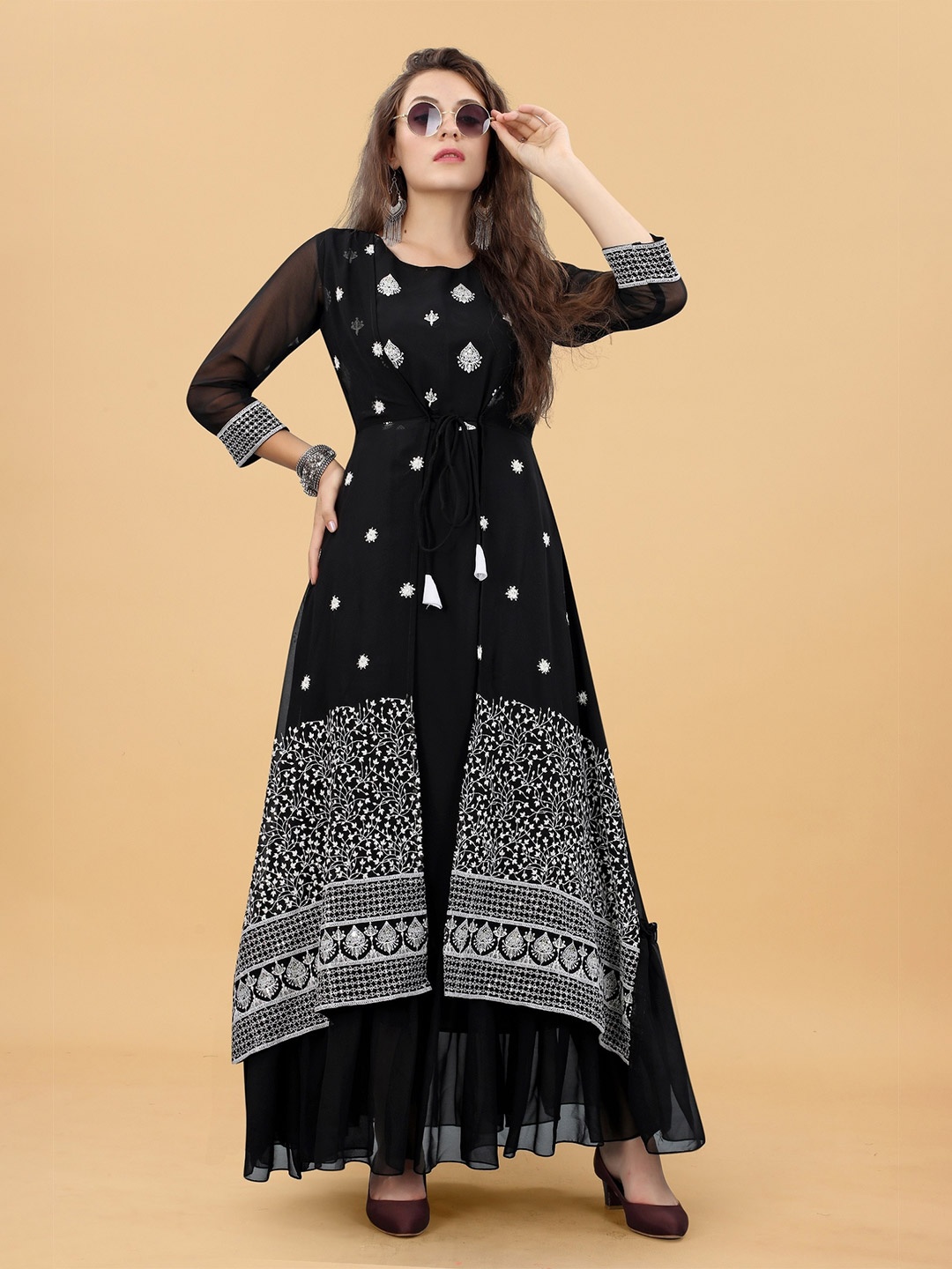 

APNISHA Ethnic Motifs Embroidered Georgette Maxi Dress, Black