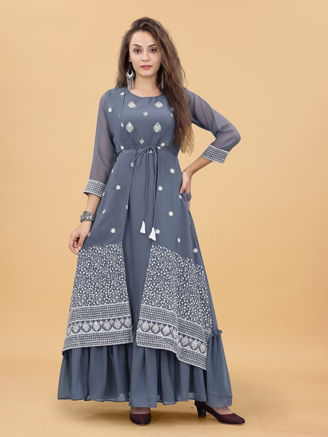 

APNISHA Ethnic Motifs Embroidered Georgette Maxi Dress, Grey