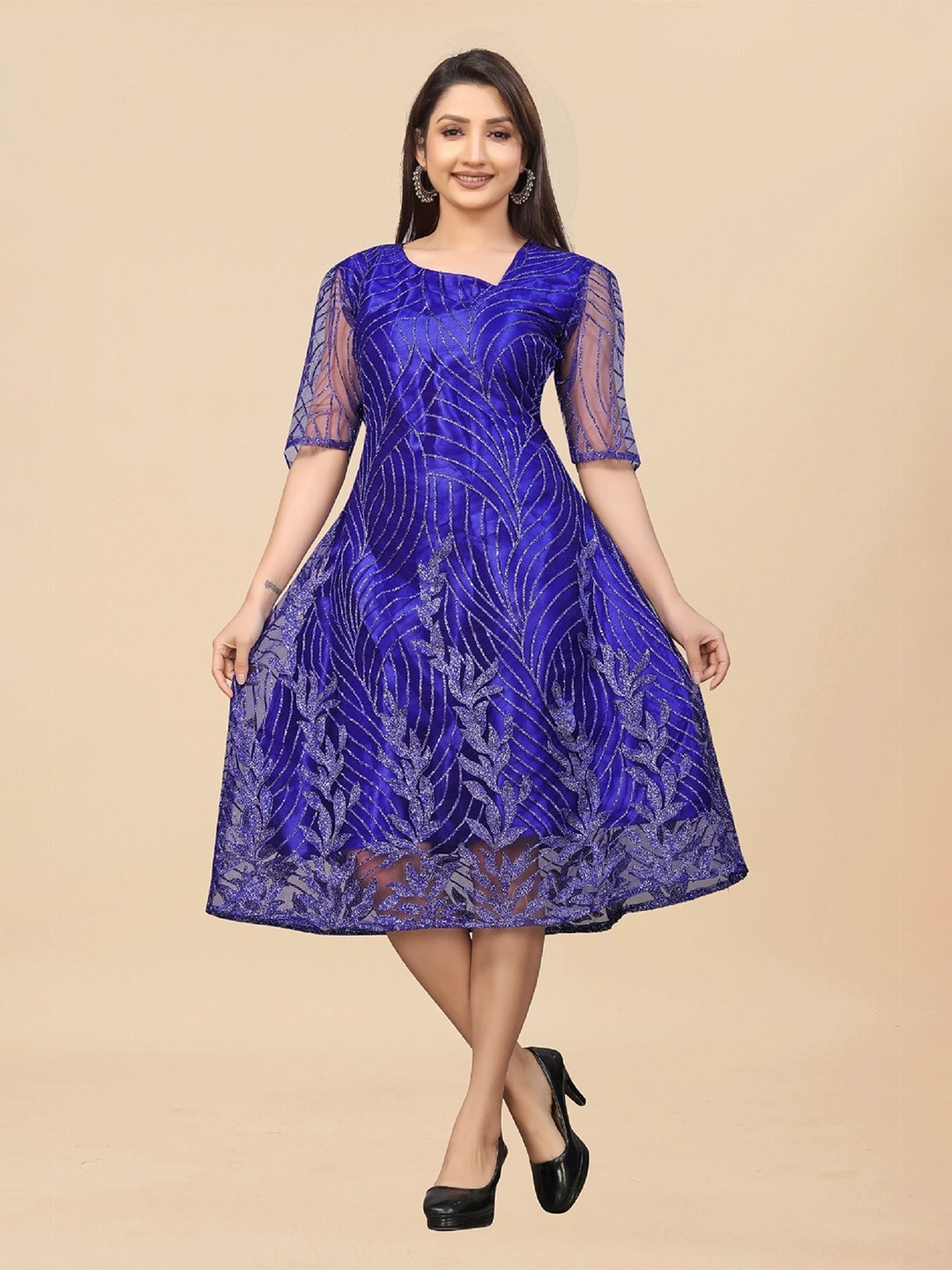 

APNISHA Embellished Net Midi Dress, Blue