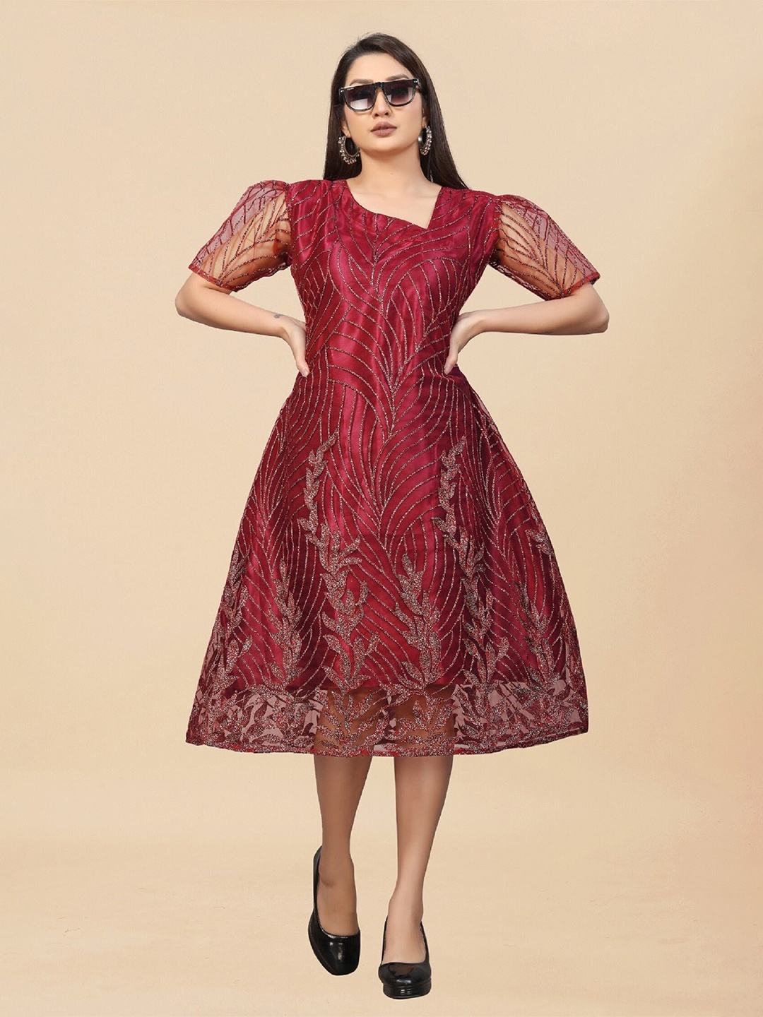 

APNISHA Embellished Net Dress, Maroon
