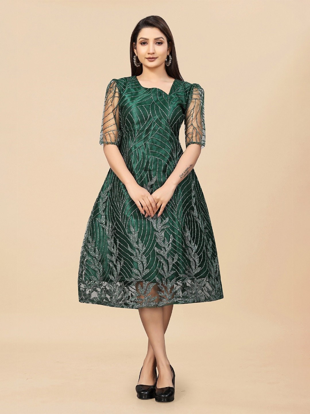 

APNISHA Embellished Net Dress, Green