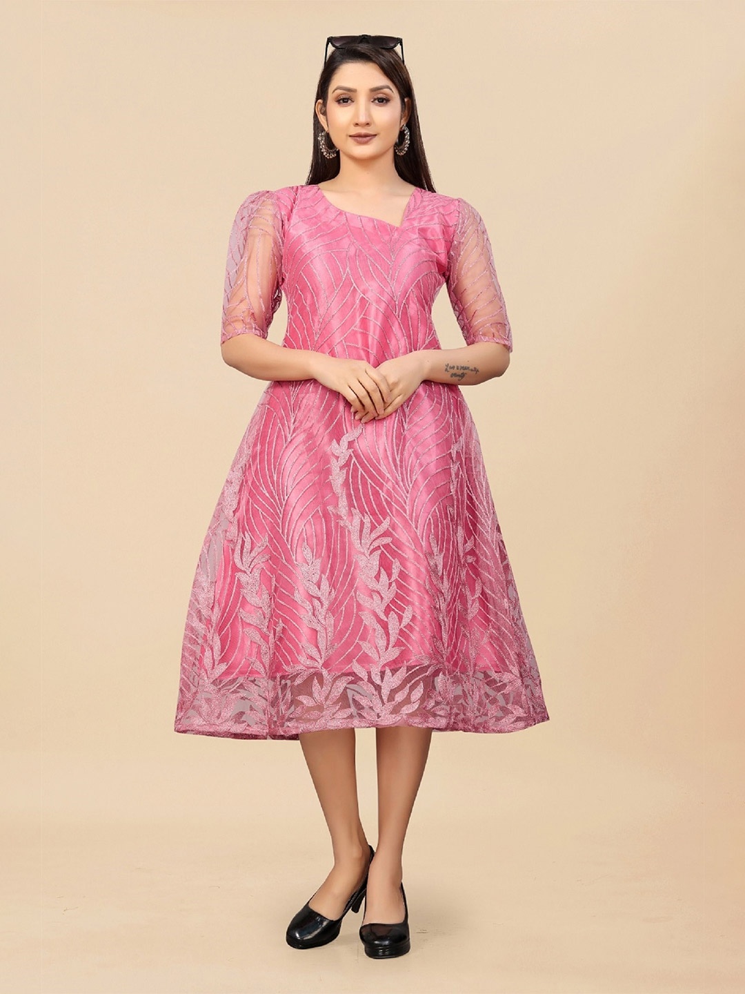 

APNISHA Peach-Coloured Embellished Net A-Line Midi Dress