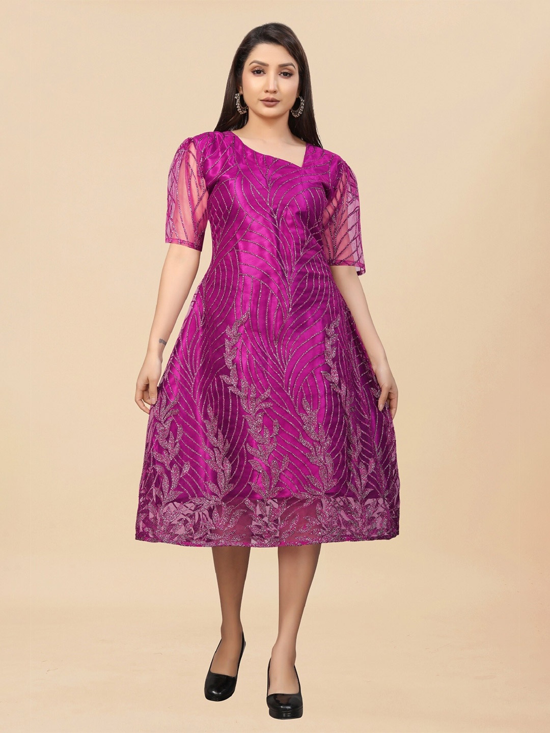 

APNISHA Ethnic Motifs Embroidered Net Midi Dress, Purple