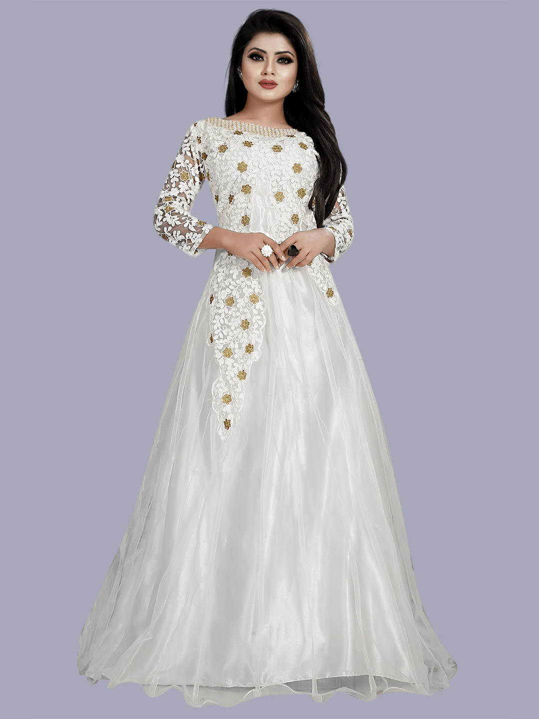 

APNISHA Floral Net Ethnic Maxi Dress, White