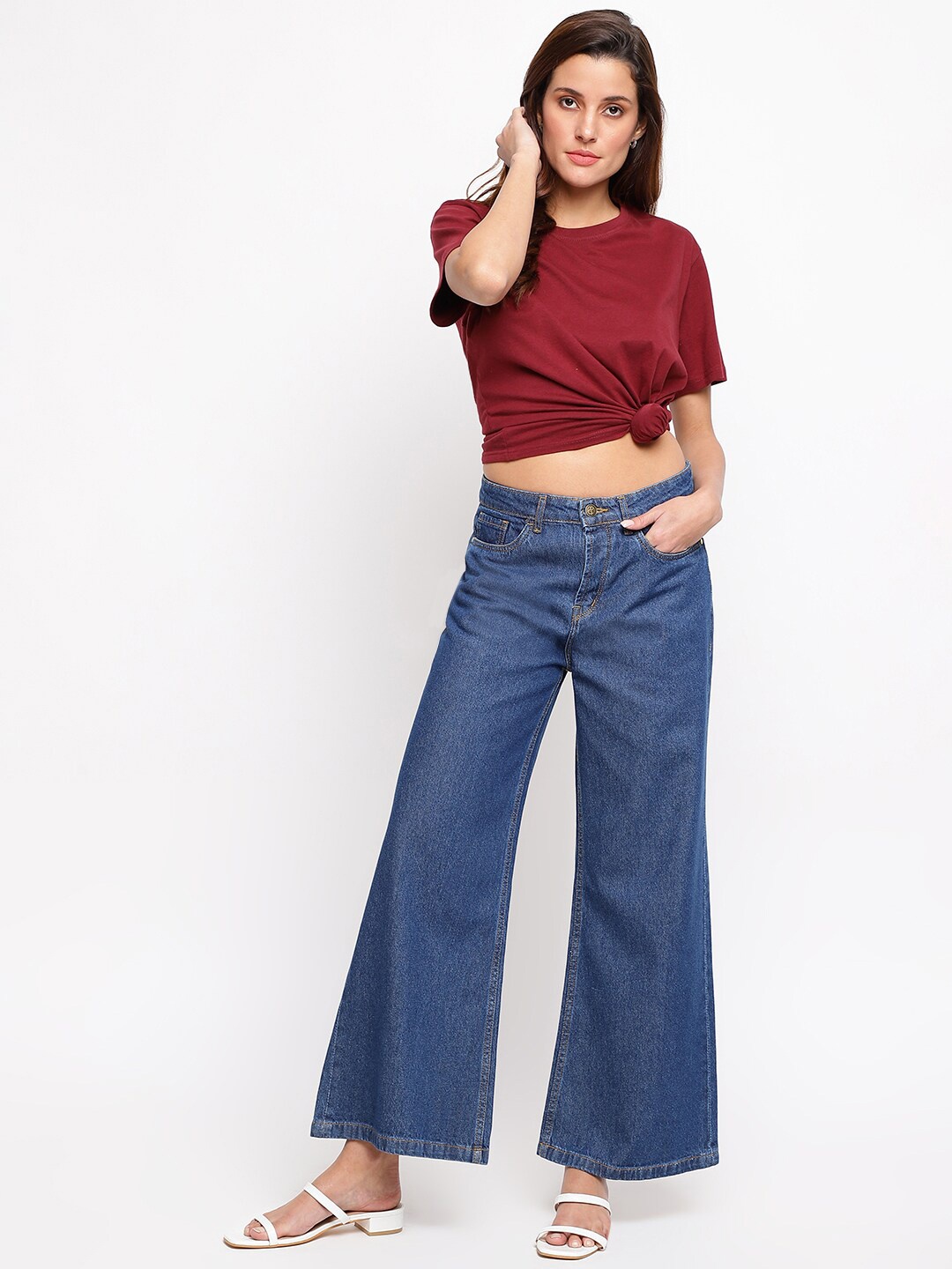 

TALES & STORIES Women Wide Leg Cotton Jeans, Blue
