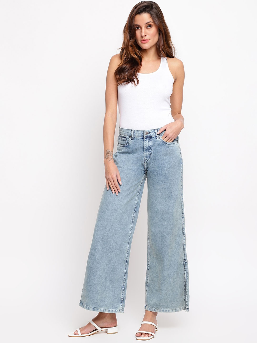 

TALES & STORIES Women Flared Low Distress Heavy Fade Cotton Jeans, Blue