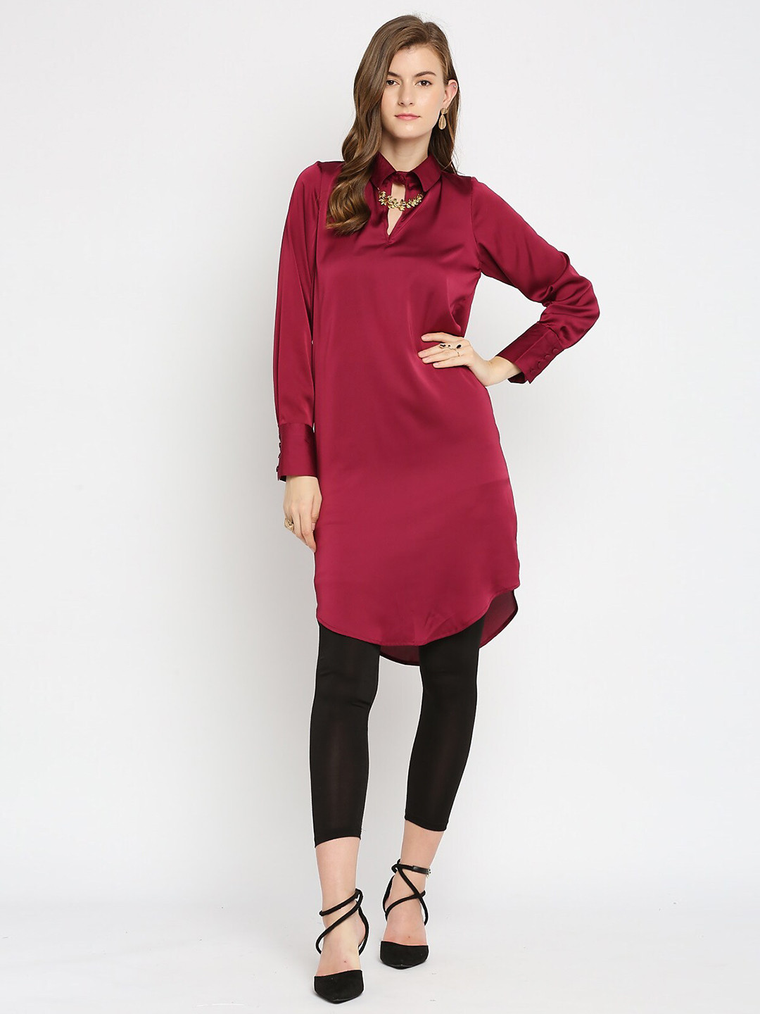 

Ira Soleil Women Shirt Collar Satin Pathani Kurta, Maroon