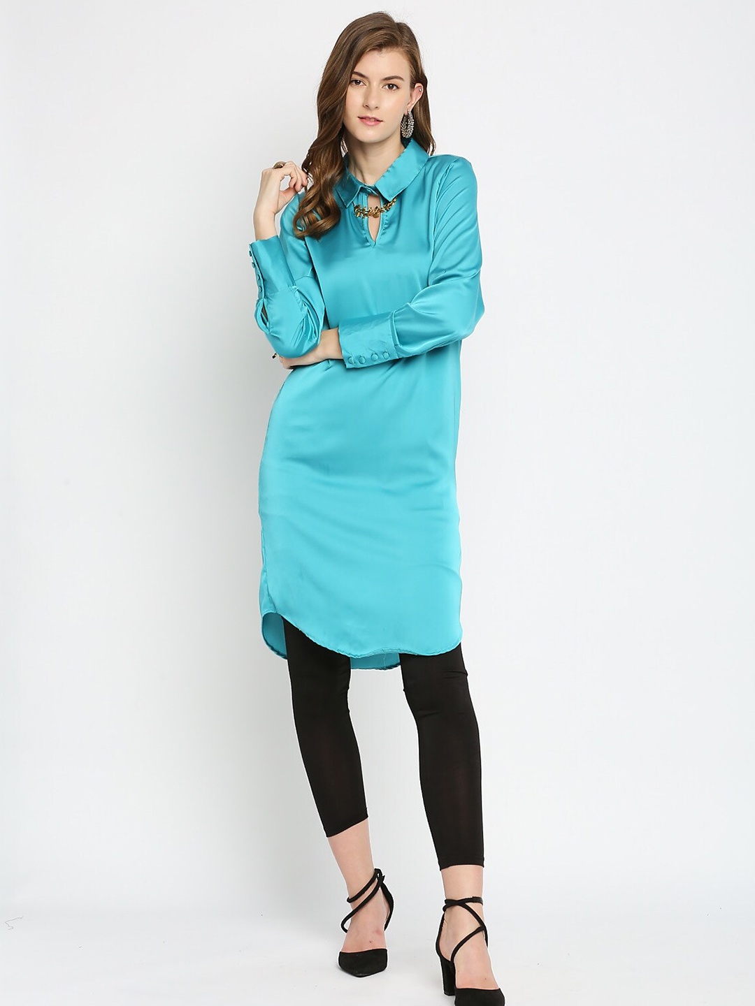 

Ira Soleil Women Shirt Collar Satin Pathani Kurta, Green
