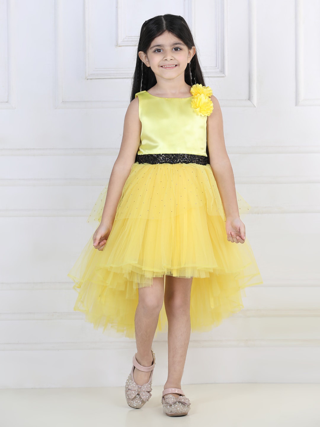 

Toy Balloon kids Girls Bow Detailed Net Fit & Flare Dress, Yellow