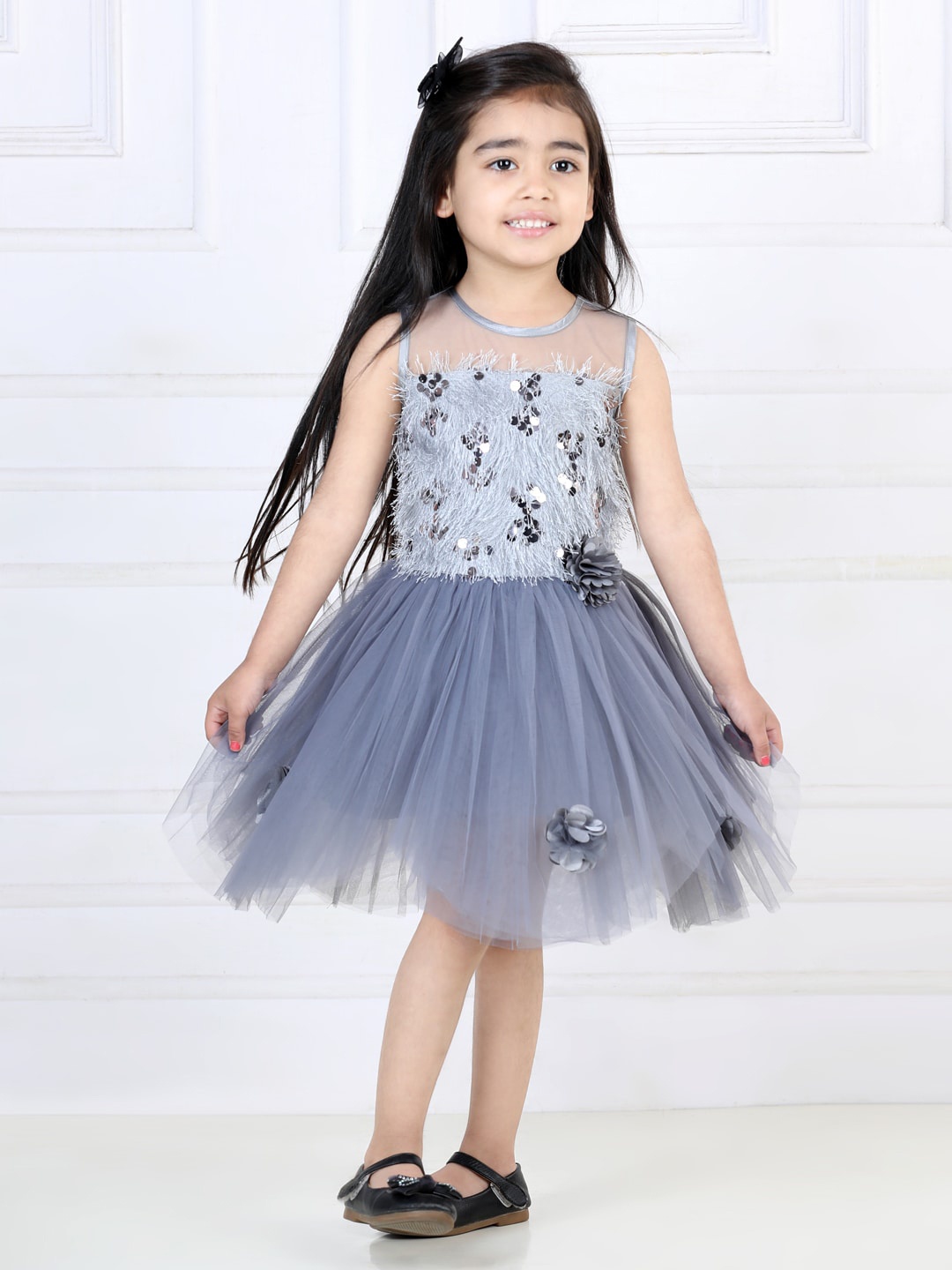 

Toy Balloon kids Girls Sequined Embellished Net Fit & Flare Dress, Grey