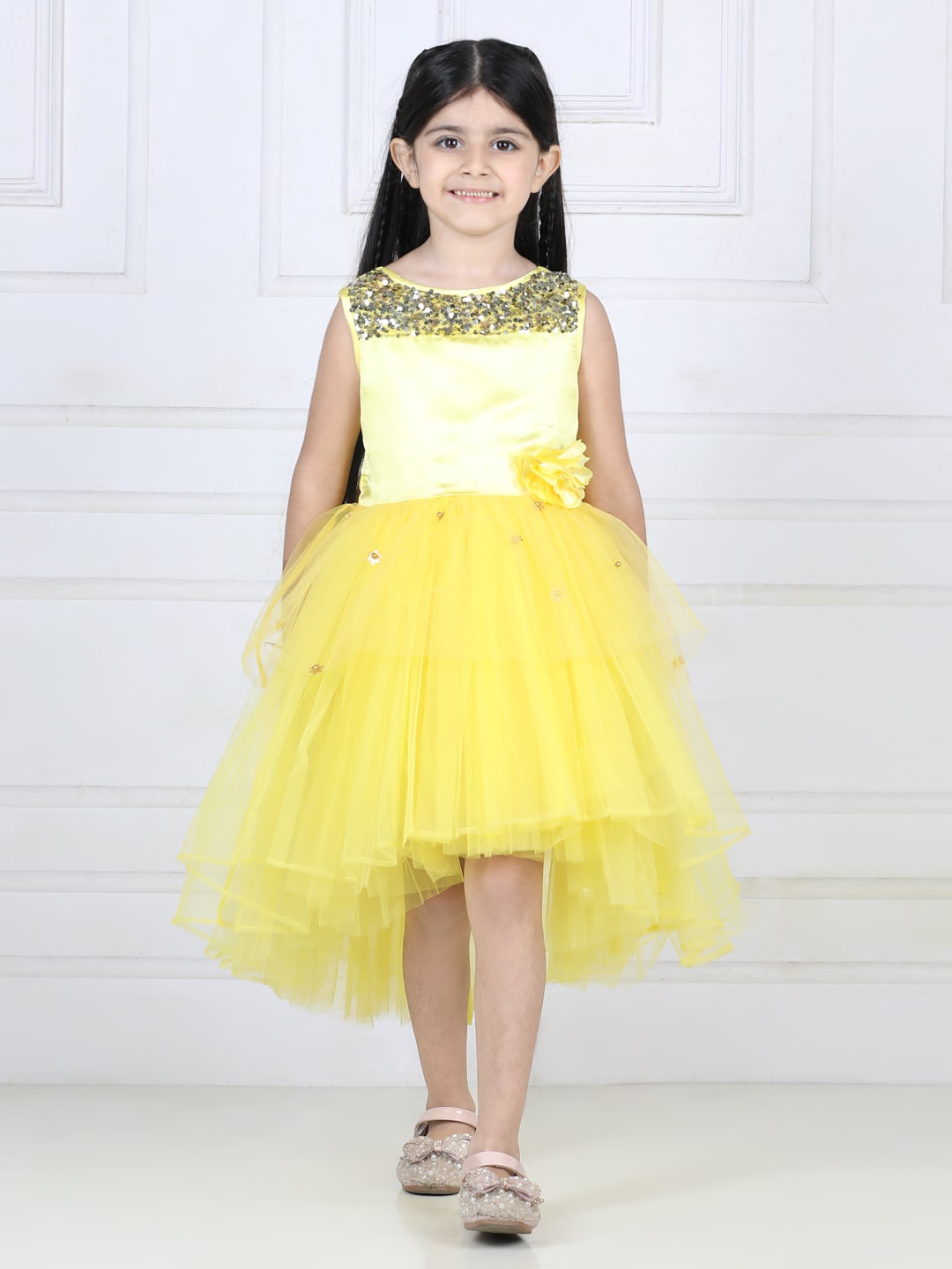 

Toy Balloon kids Girls Embellished Bow Detailed Net Fit & Flare Dress, Yellow