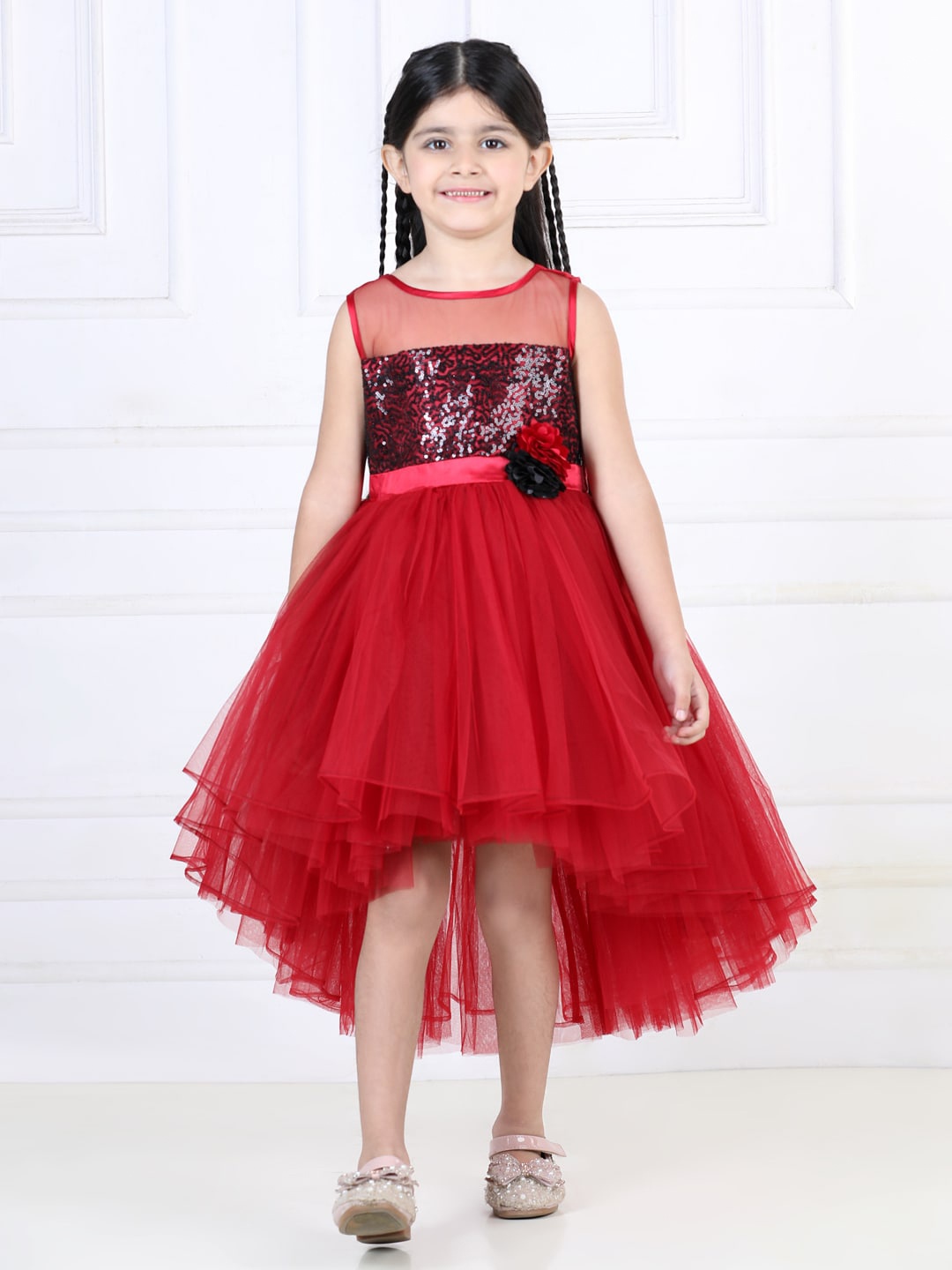 

Toy Balloon kids Girls Sequined Embellished Net Fit & Flare Dress, Red
