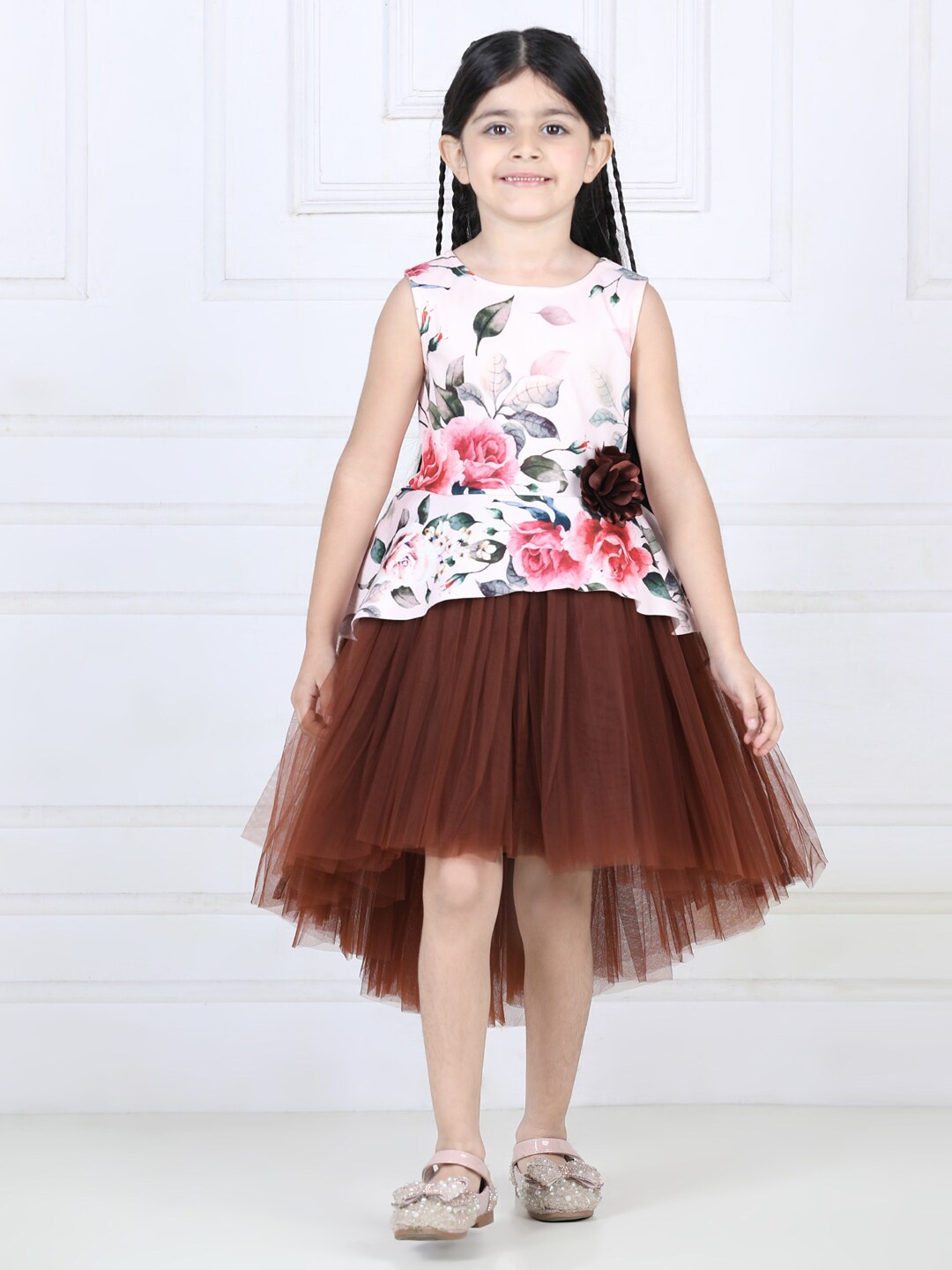 

Toy Balloon kids Girls Floral Printed Net Fit & Flare Dress, Brown