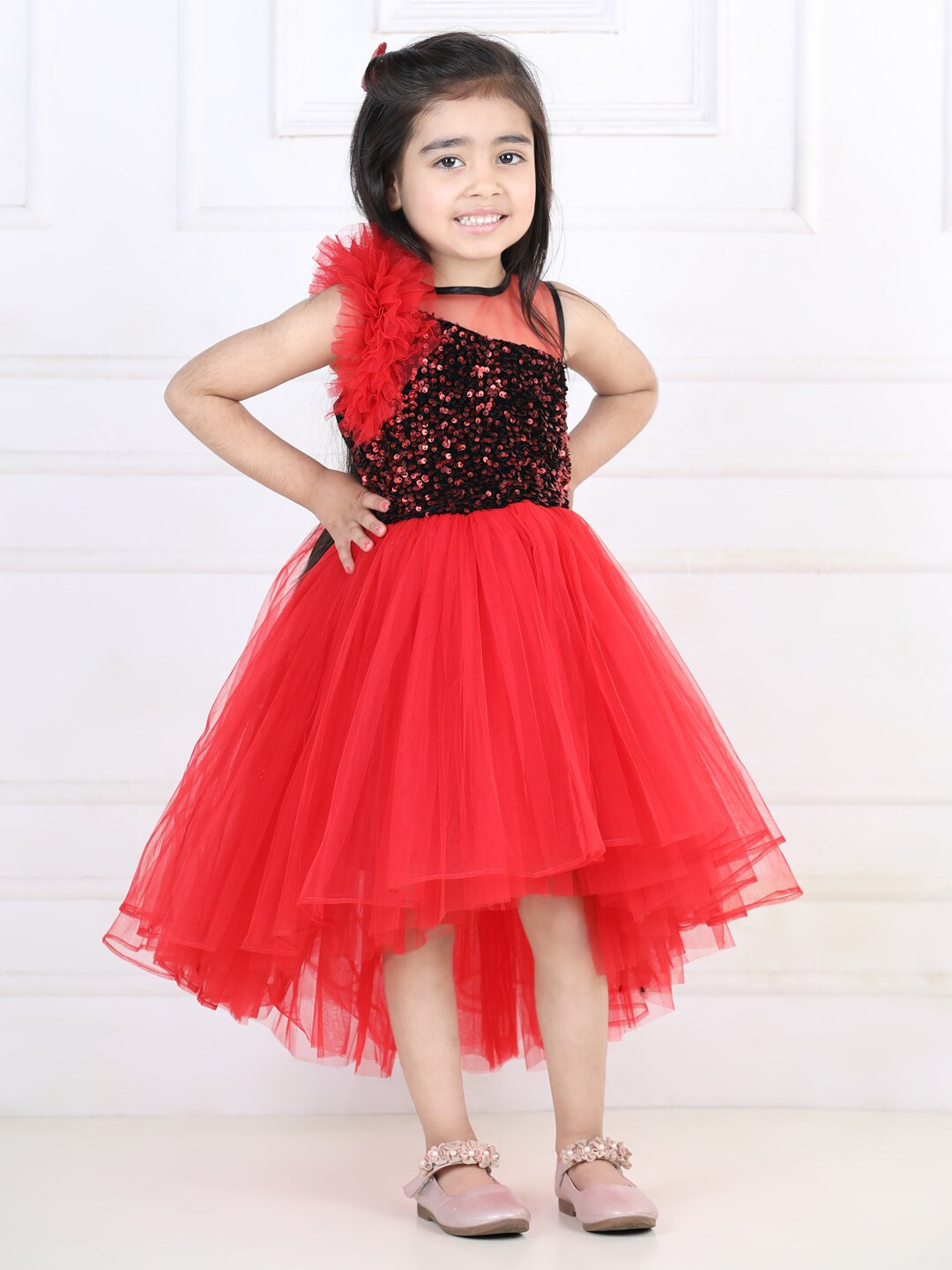 

Toy Balloon kids Girls High-Low Embellished Net Fit & Flare Dress, Red